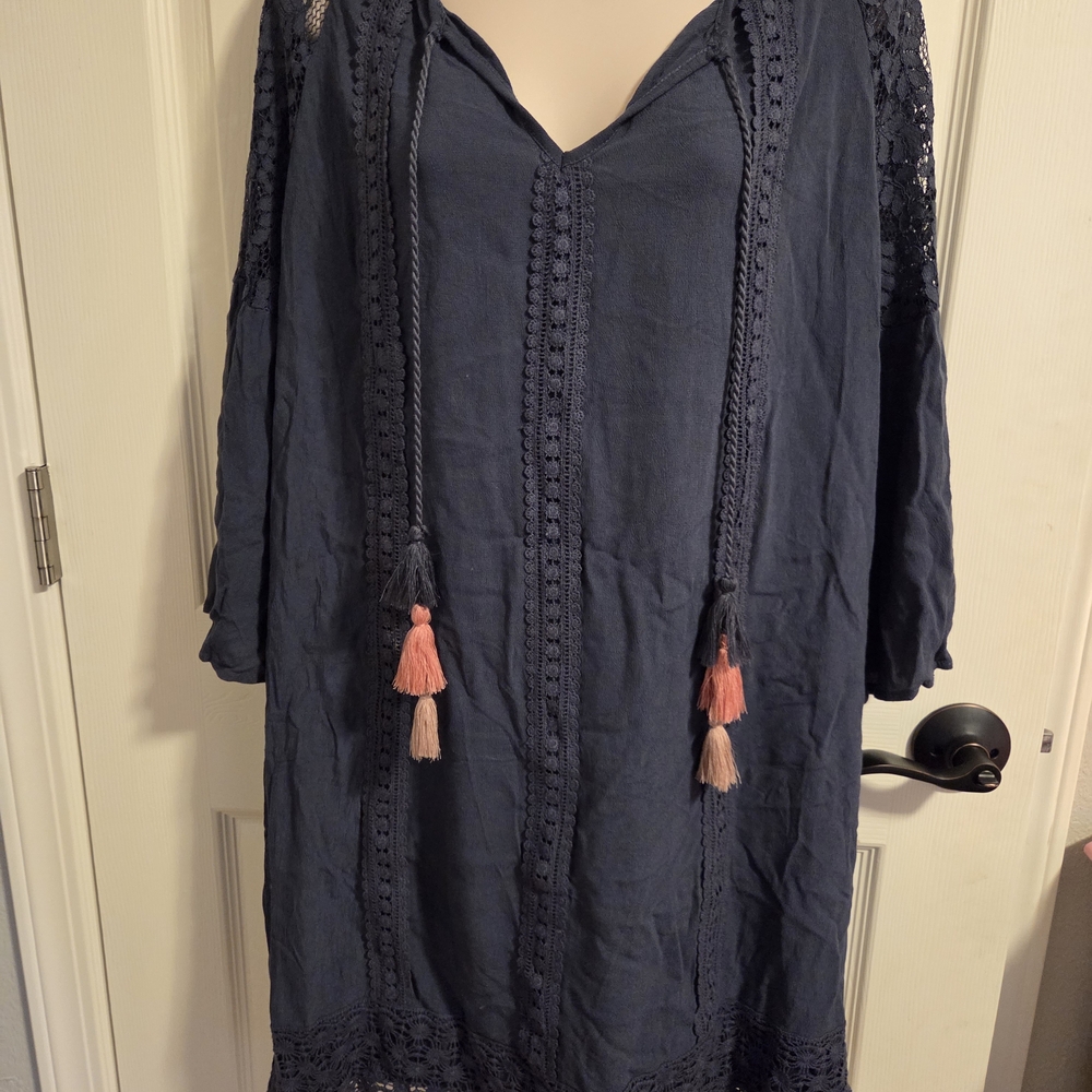 Knox Rose Dark Blue Crochet Tassel Swim Cover-Up